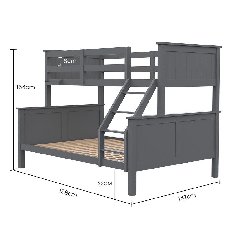 Kingston Slumber Triple Wooden Single Over Double Bunk Bed Frame for Kids, Convertible Design - GREY