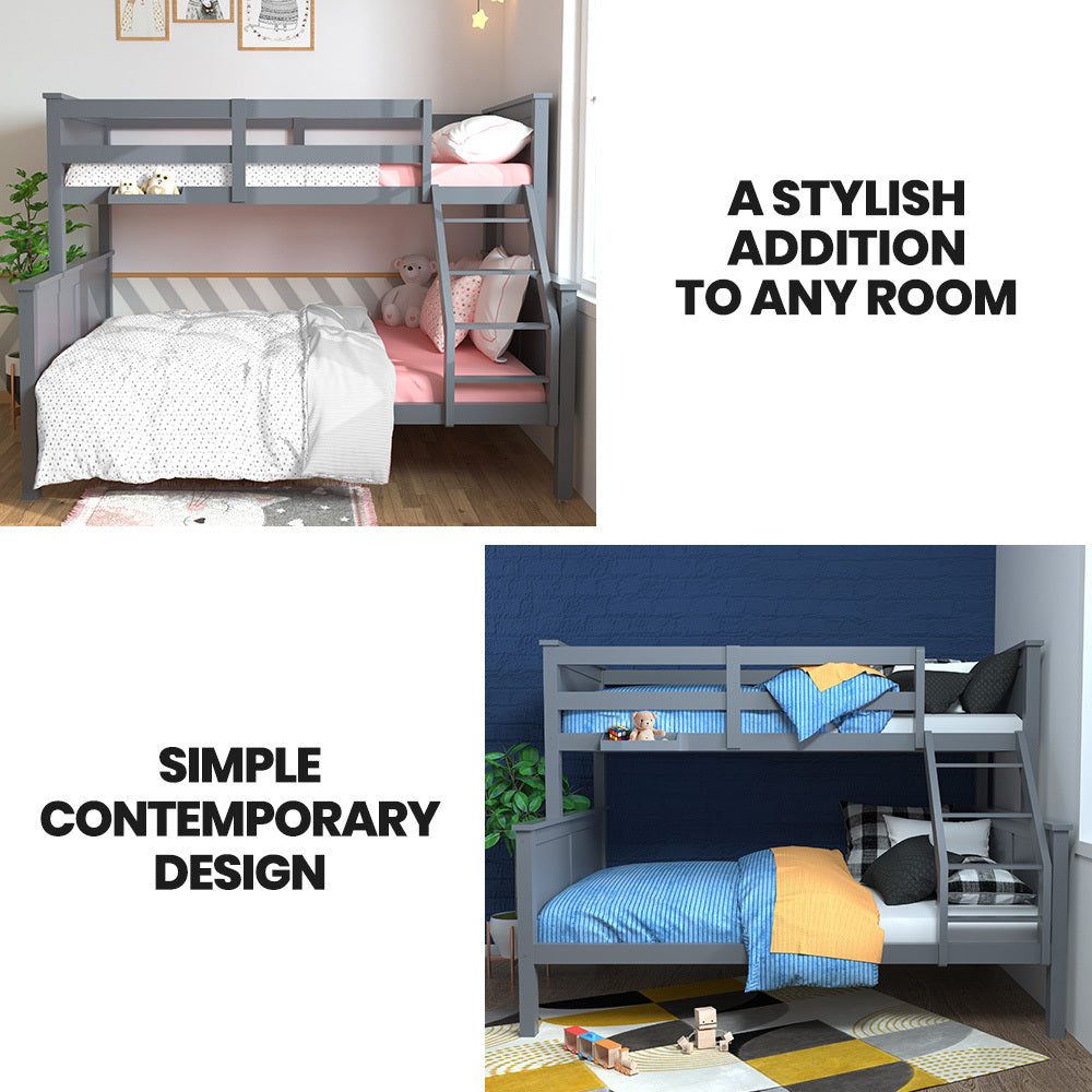 Kingston Slumber Triple Wooden Single Over Double Bunk Bed Frame for Kids, Convertible Design - GREY
