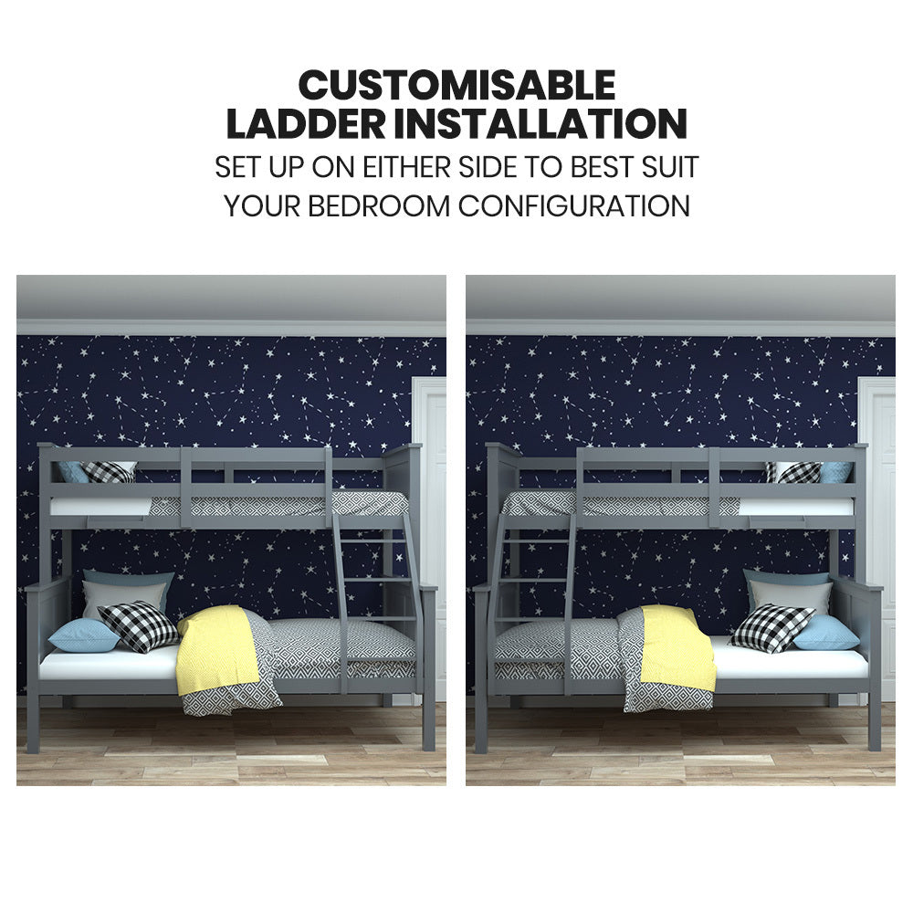 Kingston Slumber Triple Wooden Single Over Double Bunk Bed Frame for Kids, Convertible Design - GREY