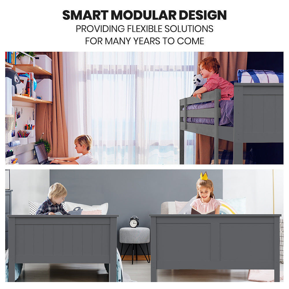 Kingston Slumber Triple Wooden Single Over Double Bunk Bed Frame for Kids, Convertible Design - GREY