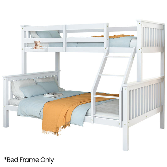 Kingston Single Over Double Wooden Bunk Bed Frame, Triple Solid Pine 2-in-1 Modular Design, Converts to 2 Beds, For Kids - WHITE