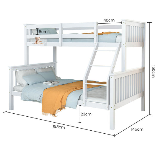 Kingston Single Over Double Wooden Bunk Bed Frame, Triple Solid Pine 2-in-1 Modular Design, Converts to 2 Beds, For Kids - WHITE
