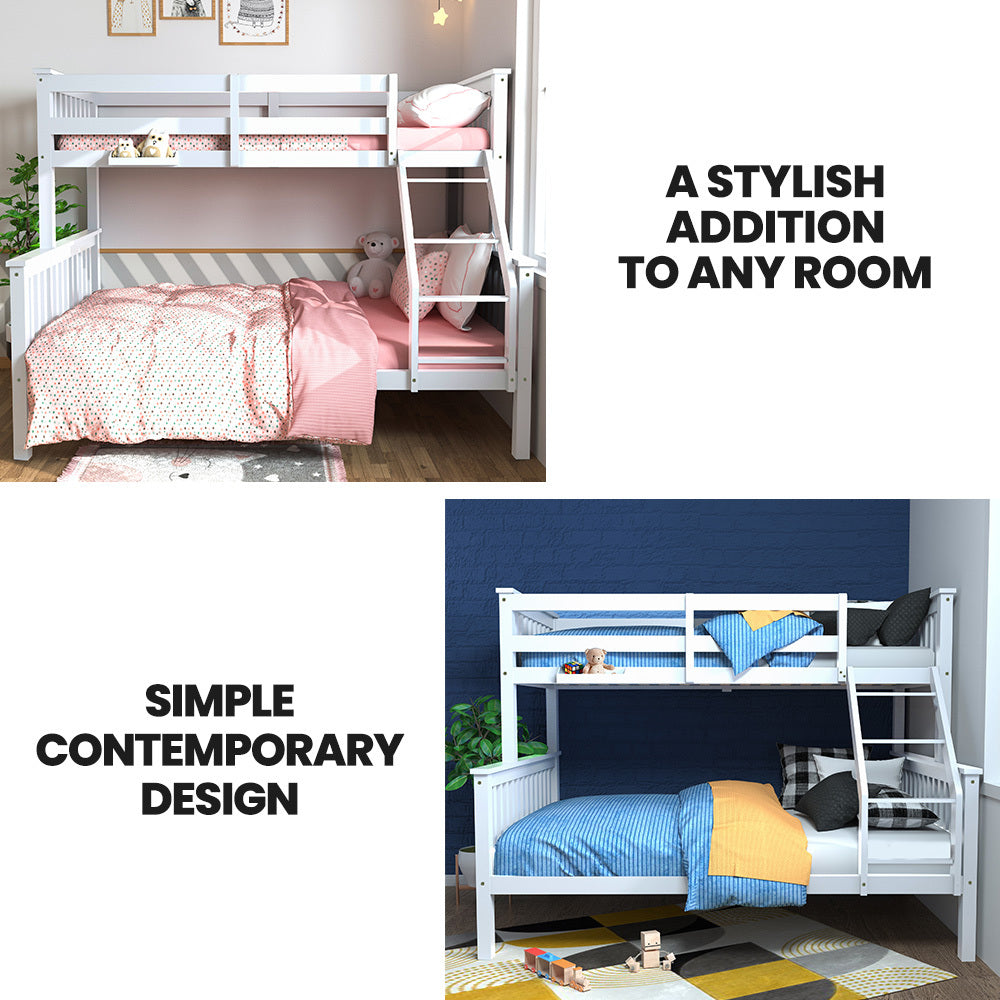 Kingston Single Over Double Wooden Bunk Bed Frame, Triple Solid Pine 2-in-1 Modular Design, Converts to 2 Beds, For Kids - WHITE