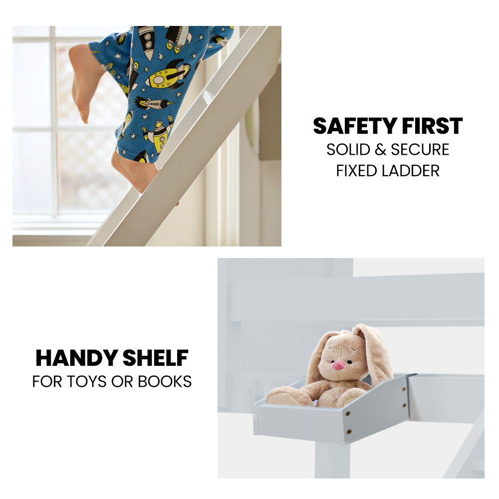Kingston Single Over Double Wooden Bunk Bed Frame, Triple Solid Pine 2-in-1 Modular Design, Converts to 2 Beds, For Kids - WHITE