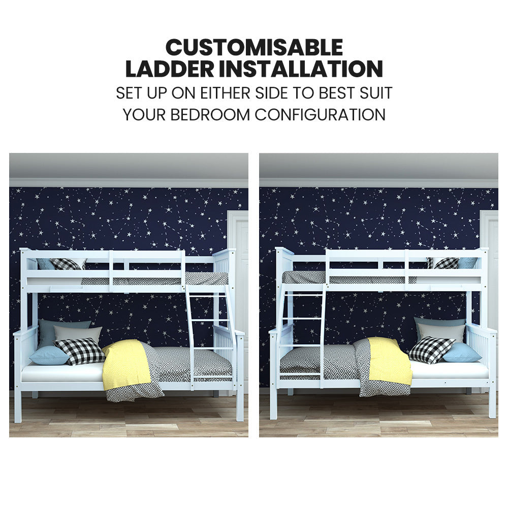 Kingston Single Over Double Wooden Bunk Bed Frame, Triple Solid Pine 2-in-1 Modular Design, Converts to 2 Beds, For Kids - WHITE