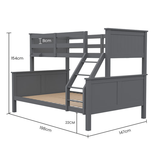 Kingston Slumber Triple Wooden Single Over Double Bunk Bed Frame for Kids, Convertible Design - GREY