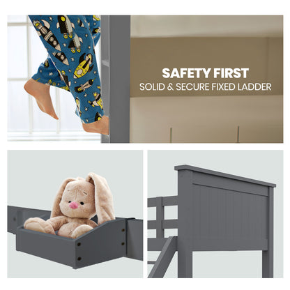 Kingston Slumber Triple Wooden Single Over Double Bunk Bed Frame for Kids, Convertible Design - GREY